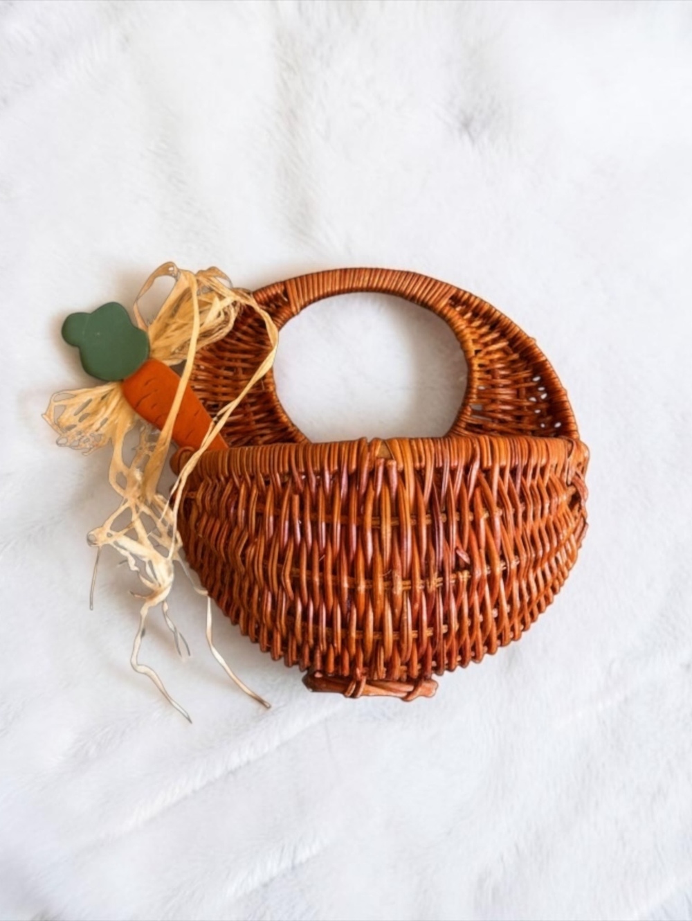 Vintage Woven Rattan Basket Purse with Decorative Carrot Accent